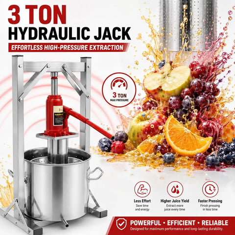 Heavy Duty Stainless Steel Hydraulic Fruit Press Juicer Squeezer Makes Juicing Apples Grapes Berries A Breeze For Homemade Cider Wine Cheese And Tinctures With Large Capacity Basket No Hassle High Pressure, 3-ton hydraulic jack and 12L stainless steel basket