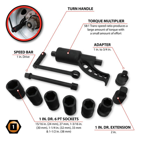 Model M208 3,688 Ft-Lbs Torque Multiplier Wrench With 1-Inch Drive, extension bar, sockets, and turn handle shown