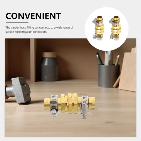 Kick Start Your Yard Work With This Awesome 4 Set Garden Hose Repair Connector Kit Featuring Snappy Clamps For Fast 5/8 Inch And 3/4 Inch Fittings To Fix Leaks Easy And Make Outdoor Watering A Total Breeze Today. Gold aluminum hose repair connector with clamp on tabletop