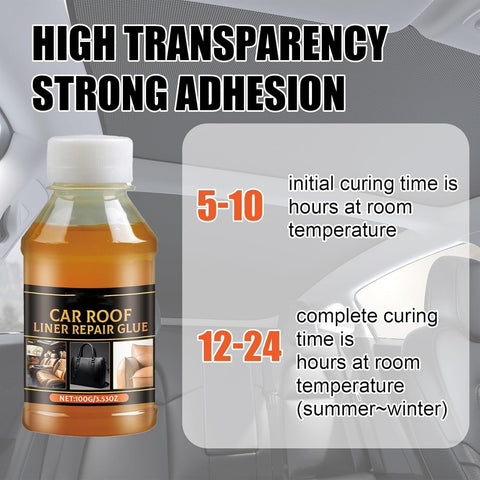 Durable Headliner Repair Glue DIY Friendly For Cars Quick Bonding Adhesive bottle with application info on car interior