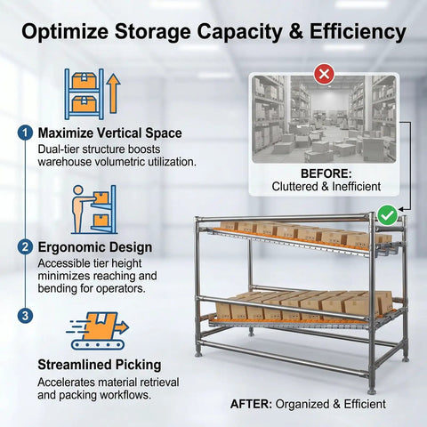 No Sweat Gravity Feed Flow Rack And Smart Picking Shelf For Warehouse Packing Stations Featuring Smooth Roller Tracks that display organized cartons on dual-tier structure.