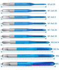 10 Piece Micro Tap Set M1 To M3.5 With Handy Adjustable Wrench for hand tapping tiny micro threads displayed by size.