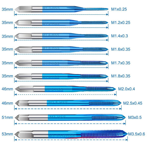 10 Piece Micro Tap Set M1 To M3.5 With Handy Adjustable Wrench for hand tapping tiny micro threads displayed by size.