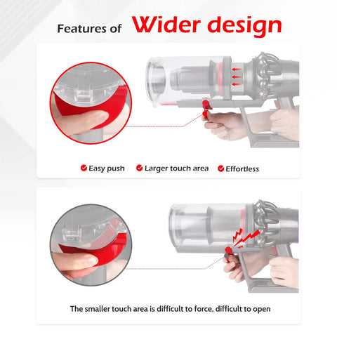 Diagram showing features of Upgraded Dust Bin Trigger Lever Replacement For V10 V11 V15 SV12 SV14 Gen5 Vacuum Cleaners.