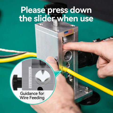 Person using Beefy Drill Powered Wire Stripper For Recyclers, AWG 000 To 40 Range, Strips One Eighth To Three Fourths Inch Cables.
