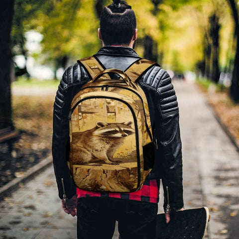 Person wearing a Raccoon Printed Unisex Backpack with Large Capacity, Durable Polyester Daypack in a park setting