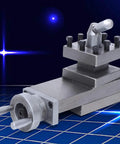 Front view of Amazon AT300 swing lathe tool post assembly; 180mm metal tool slide with turret and dial knob
