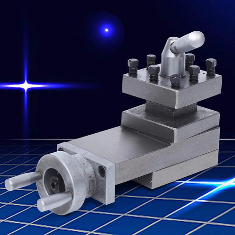 Front view of Amazon AT300 swing lathe tool post assembly; 180mm metal tool slide with turret and dial knob