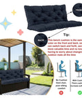 Outdoor Porch Swing Cushion Replacement For 2 To 3 Seater Benches With Backrest Waterproof Polyester Fabric Washable Easy Cleanup Non Fading And Breathable All Weather Patio Bench Cushions For Garden Or Patio on bench in garden with comfort diagram