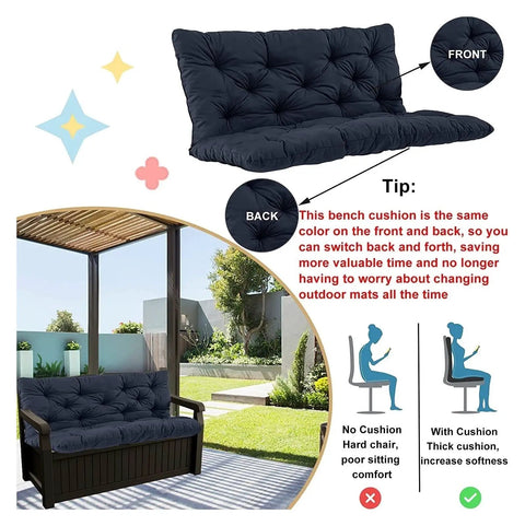 Outdoor Porch Swing Cushion Replacement For 2 To 3 Seater Benches With Backrest Waterproof Polyester Fabric Washable Easy Cleanup Non Fading And Breathable All Weather Patio Bench Cushions For Garden Or Patio on bench in garden with comfort diagram
