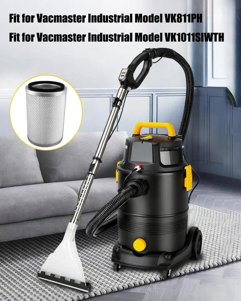 Vacuum cleaner with heavy duty cartridge filter assembly for industrial use, showing compatibility with VK811PH and VK1011SIWTH models.
