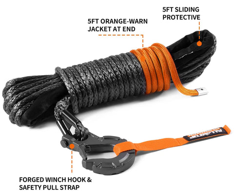 Beefed-Up Synthetic Winch Rope With Hook And Isolator One Quarter Inch By Fifty Feet 9500 Lbs Break Strength UHMWPE Cable Replacement Kit