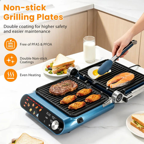 Taylor Swoden 7-In-1 Panini Press Sandwich Maker Electric Indoor Grill Waffle Iron with nonstick grilling plates.
