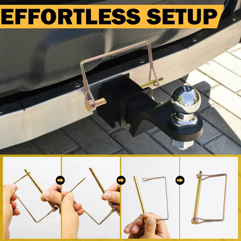 10 Pcs Gold 4 Inch Long Trailer Hitch Pins One Quarter Inch Diameter Heavy Duty Stainless Steel With Zinc Plated Finish Rust Resistant Safety Workhorse Coupler Pins For Farming Gardening Trucks Boats PTO And Hitches securing a trailer hitch on a vehicle.