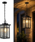 Top Shelf Black Outdoor Pendant Light For Porch With Water Ripple Glass Panels And Sleek Square Metal Frame Weatherproof Exterior Hanging Lantern Real Deal Farmhouse Glow Quick Setup hanging on a chain, illuminating a porch.