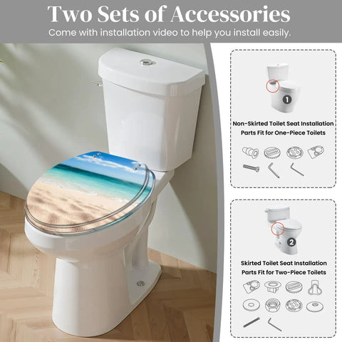 Tropical Paradise Round Toilet Seat With Gentle Soft Close Hinges And Easy Peasy Quick Swap Brackets Killer Beach Umbrella Vibe Built Tough For Bathroom Use installed on white toilet, showing beach scene, accessories included.