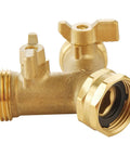 Heavy Duty Garden Hose Splitter 2 Way Brass Faucet Splitter For Dual Water Outlets Outdoor Hose Connector With Easy On Off Handles Weatherproof And Corrosion Resistant For High Pressure Use, brass 3/4 inch NPT