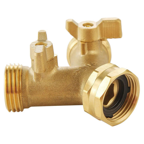 Heavy Duty Garden Hose Splitter 2 Way Brass Faucet Splitter For Dual Water Outlets Outdoor Hose Connector With Easy On Off Handles Weatherproof And Corrosion Resistant For High Pressure Use, brass 3/4 inch NPT