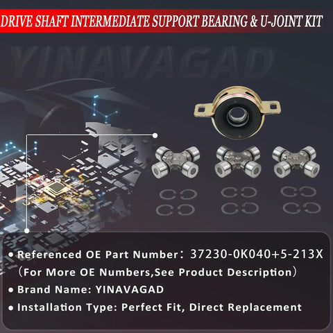 Drive Shaft Center Support Bearing And U Joint Kit For Toyota Tacoma 2005 Through 2015 2WD 4WD shown with components
