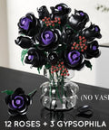 15 Black Rose Bouquet Building Set For Gothic Home Decor, DIY Dark Flower Kit With Purple Jewel Centers, No Vase Included, 12 roses + 3 gypsophila in glass vase