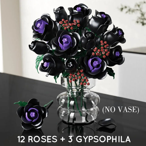 15 Black Rose Bouquet Building Set For Gothic Home Decor, DIY Dark Flower Kit With Purple Jewel Centers, No Vase Included, 12 roses + 3 gypsophila in glass vase