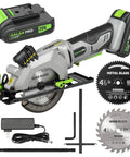 20V Cordless Mini Circular Saw With Laser Guide And Dual Blades Compact Wood Cutter featuring battery, blades, and accessories.