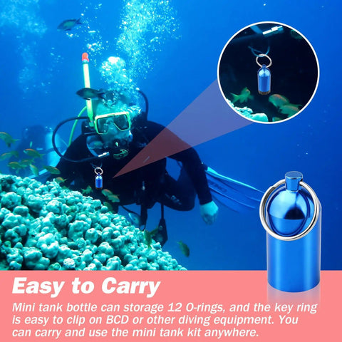 Diver underwater carrying a Mini Aluminum Alloy Scuba Dive Tank Key Ring With Brass O Ring Pick And Twelve O Rings