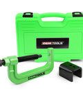 Beefy Heavy Duty Torsion Bar Removal Tool with Extended C Frame and adapter in front of green case