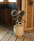 Powerful 32,000 BTU LP Propane Tank Top Heater with Dual Heads in Garage Workshop