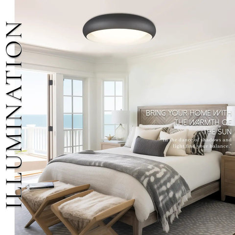 Bedroom with dimmable LED ceiling light flush mount 18W 3000K warm white 10-inch round black fixture close-to-ceiling