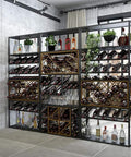 Heavy Duty Retro Industrial Wine Rack Delivers Legit Bar Setup For Your Crew With A Rock Solid Iron Frame Built To Cradle Every Bottle While Bringing Swag To Any Hangout Spot in a modern home bar.
