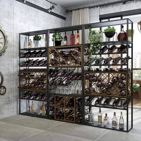 Heavy Duty Retro Industrial Wine Rack Delivers Legit Bar Setup For Your Crew With A Rock Solid Iron Frame Built To Cradle Every Bottle While Bringing Swag To Any Hangout Spot in a modern home bar.