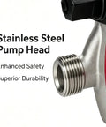 Hot Water Recirculating Pump With Automatic Timer And Stainless Steel Housing For Tank Heaters, stainless steel pump head close-up.