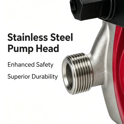 Hot Water Recirculating Pump With Automatic Timer And Stainless Steel Housing For Tank Heaters, stainless steel pump head close-up.