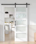 32 Inch By 84 Inch White Frosted Glass Sliding Barn Door With 66 Inch Hardware Kit And Handle PVC Surface Finish installed in kitchen entrance