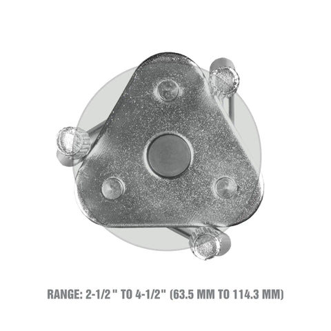 Top view of Adjustable Three Jaw Oil Filter Wrench Fits Spin On Filters From Two And A Half Inches To Four And A Half Inches.