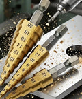 Three Piece Titanium Coated HSS Step Drill Bits Set for precise drilling and quick hole sizing, great for metal and plastic applications.