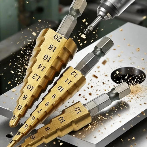 Three Piece Titanium Coated HSS Step Drill Bits Set for precise drilling and quick hole sizing, great for metal and plastic applications.