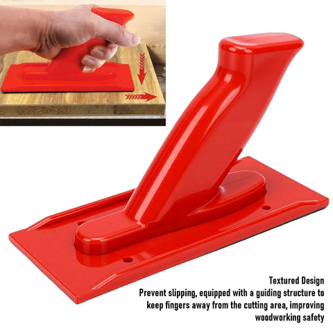 Slick Anti Slip Woodworking Push Block With Ergonomic Tilted Handle For Table Saw Router And Jointer Safety Guide showing textured red grip design.