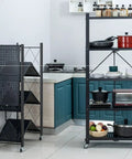 Super Durable Triple Tier Metal Wire Shelf That Is Hella Versatile For Kitchen Pantries Garages And Bedrooms Easy Foldable Design Makes Clutter Disappear Fast in a modern kitchen.