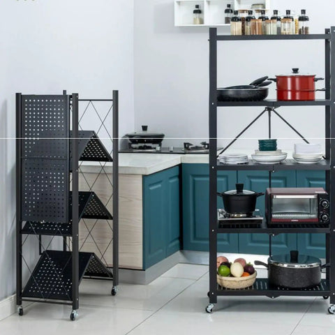 Super Durable Triple Tier Metal Wire Shelf That Is Hella Versatile For Kitchen Pantries Garages And Bedrooms Easy Foldable Design Makes Clutter Disappear Fast in a modern kitchen.