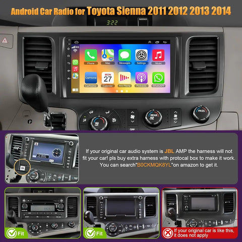 Toyota Sienna 2011 2014 Car Radio With Android 13 installed in dashboard, featuring 9-inch IPS touchscreen and controls.