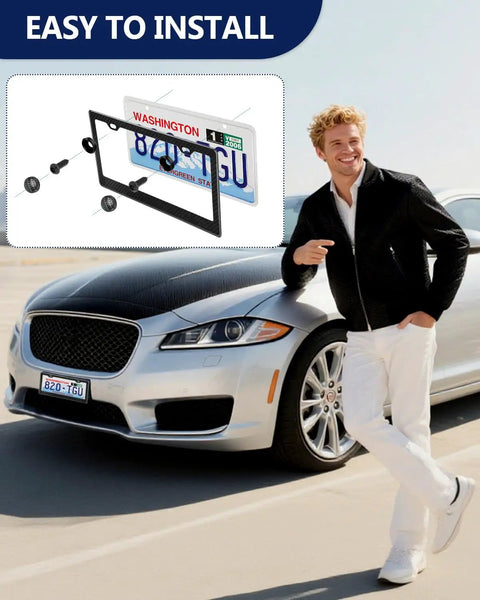 Full Real Carbon Fiber License Plate Frame For Cars Two Hole Auto Tag Holder with installation kit and car.
