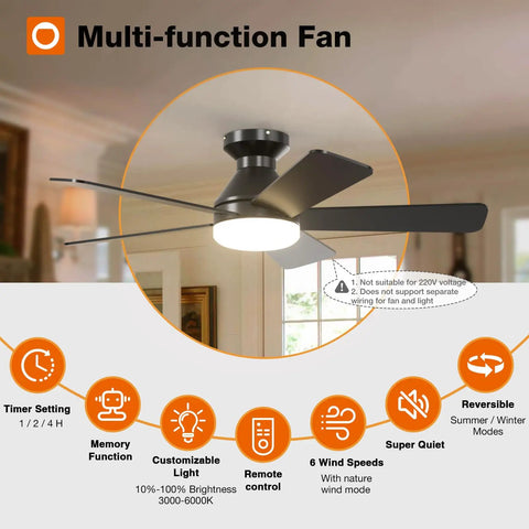 42 Inch Low Profile Ceiling Fan With Light And Remote Dope Airflow, Flush Mount, Reversible Blades, Dimmable 3 CCT LED