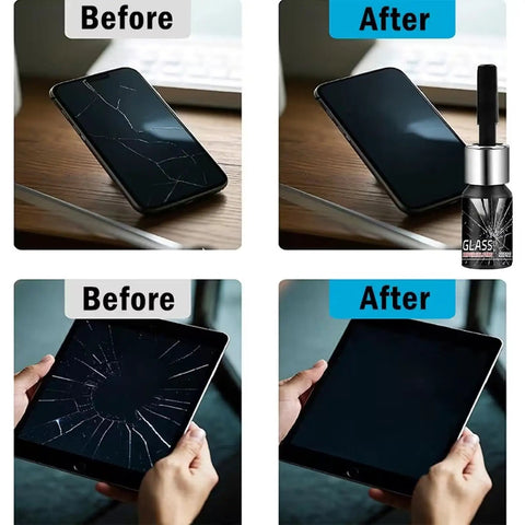 Before and after using Glass Repair Liquid for cracks and scratches portable scratch remover quick fix for mobile phones and tablets
