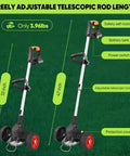 Cordless 24V Weed Wacker With Dual 6500mAh Batteries showing adjustable telescopic rod length and features on a green lawn.