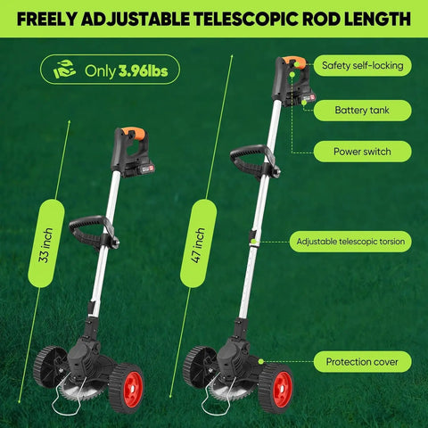 Cordless 24V Weed Wacker With Dual 6500mAh Batteries showing adjustable telescopic rod length and features on a green lawn.