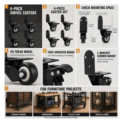 Image showing Four Pack Two Inch Swivel Casters With Foot Brake Locks And L Bracket Corner Mounts, detailed views and features.