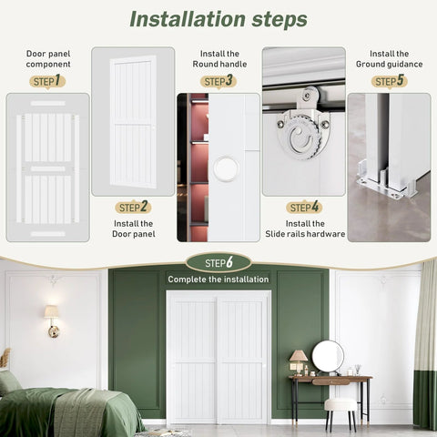 Installation steps for Sliding Closet Doors 60x80 Inches With White Bypass Barn Door Hardware Kit For Bedroom And Laundry Room H Frame Double 31 Inch Panels 7/8 Inch Thick Assemble Required Ideal For Wardrobe Pantry And Kitchen Decor.