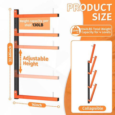 Hella Strong Wall Mount Lumber Rack With Eight Adjustable Levels Holding 1040 Lbs For Stacked Boards Inside Your Garage Workshop Or Home Basement Storage Rack